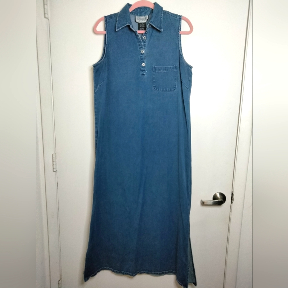 Directives (Size L) Vintage Blue 1/4 Button Collar Sleeveless Denim Maxi Dress